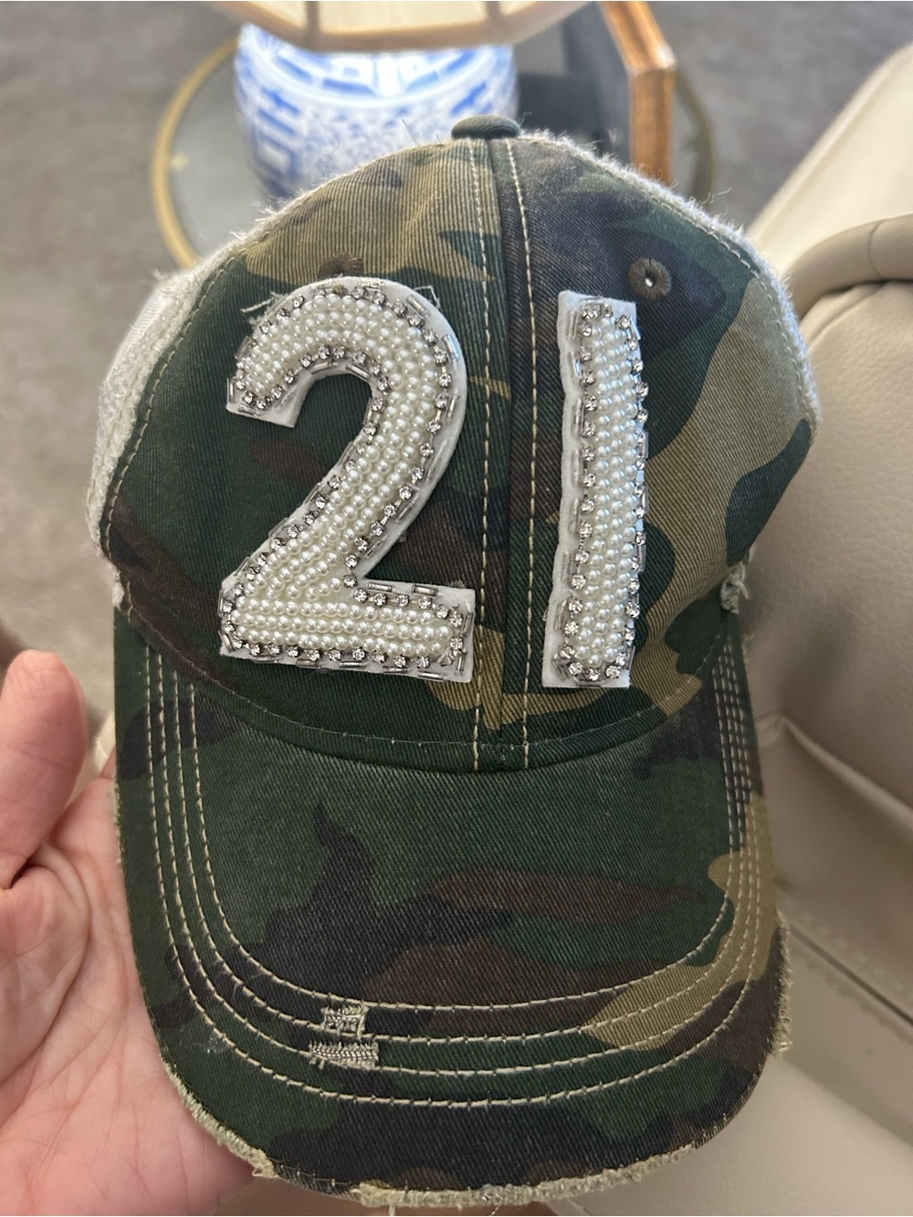 Judith March Camo Mesh Trucker Hat with Pearl "21" Patch, OS, Distressed - Picture 7 of 7